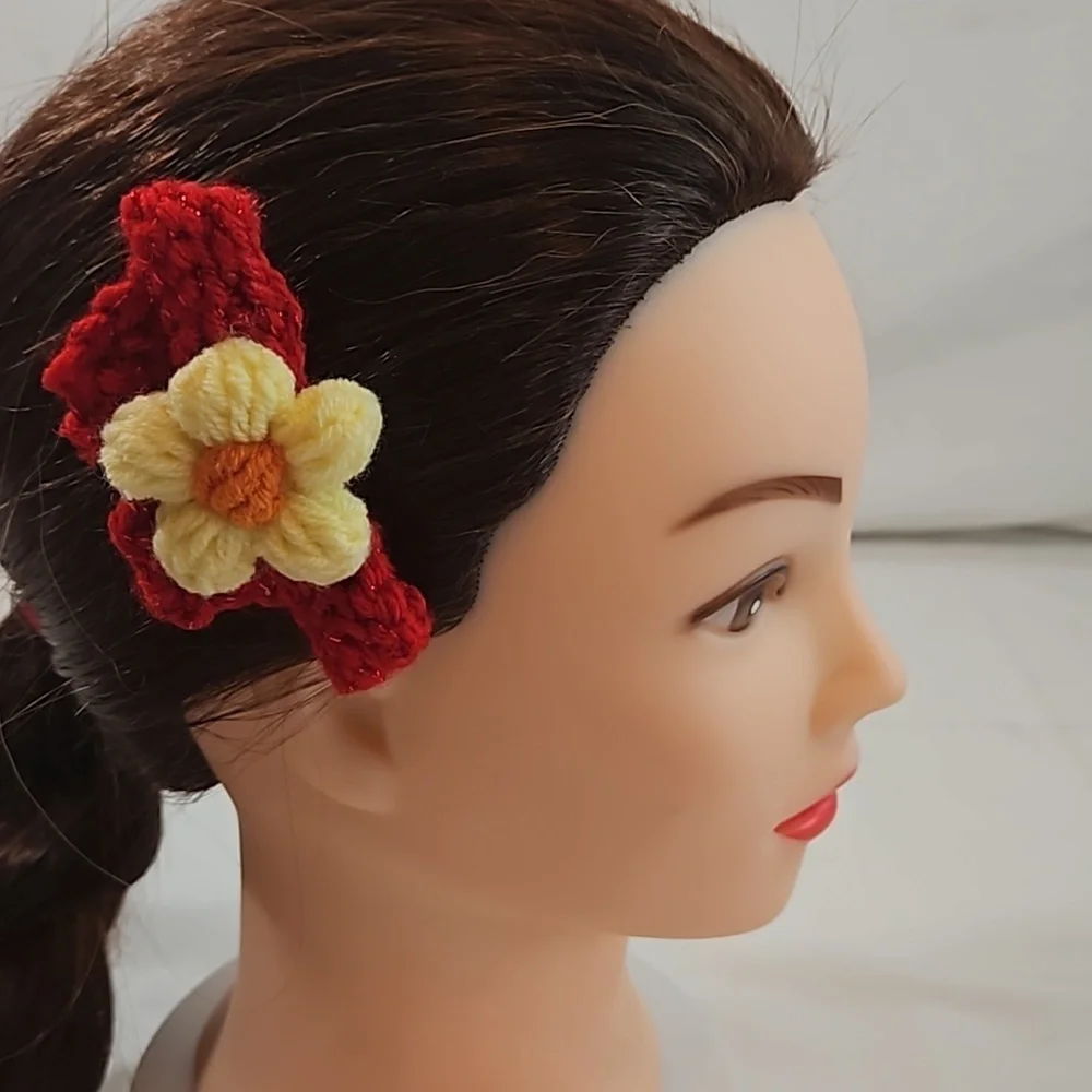 Hand Crafted Hand Knit Crochet Bow Hair Clip Red & Yellow puffy crocheted flower